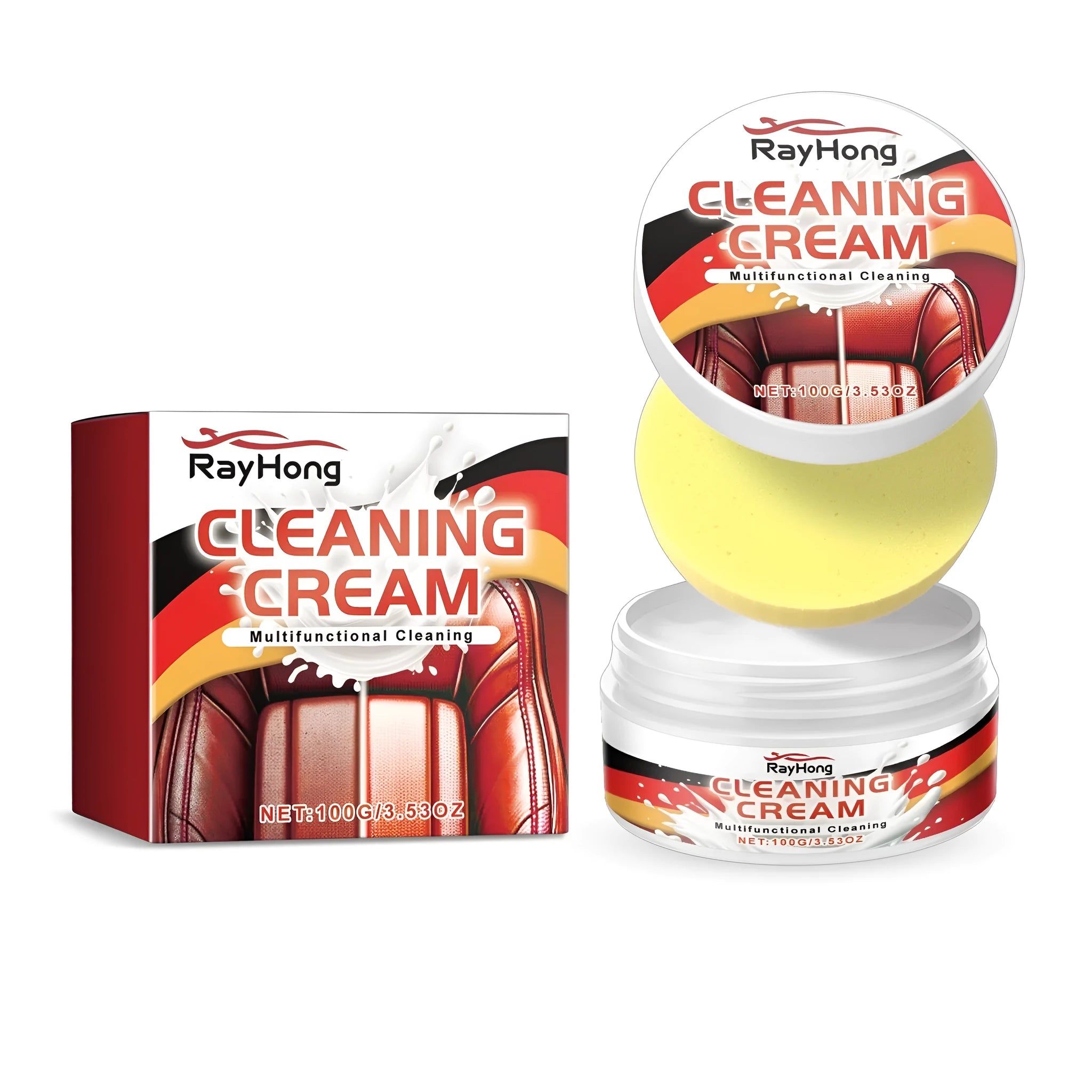 100g bottle of automotive leather care cream with a square sponge applicator on a car seat