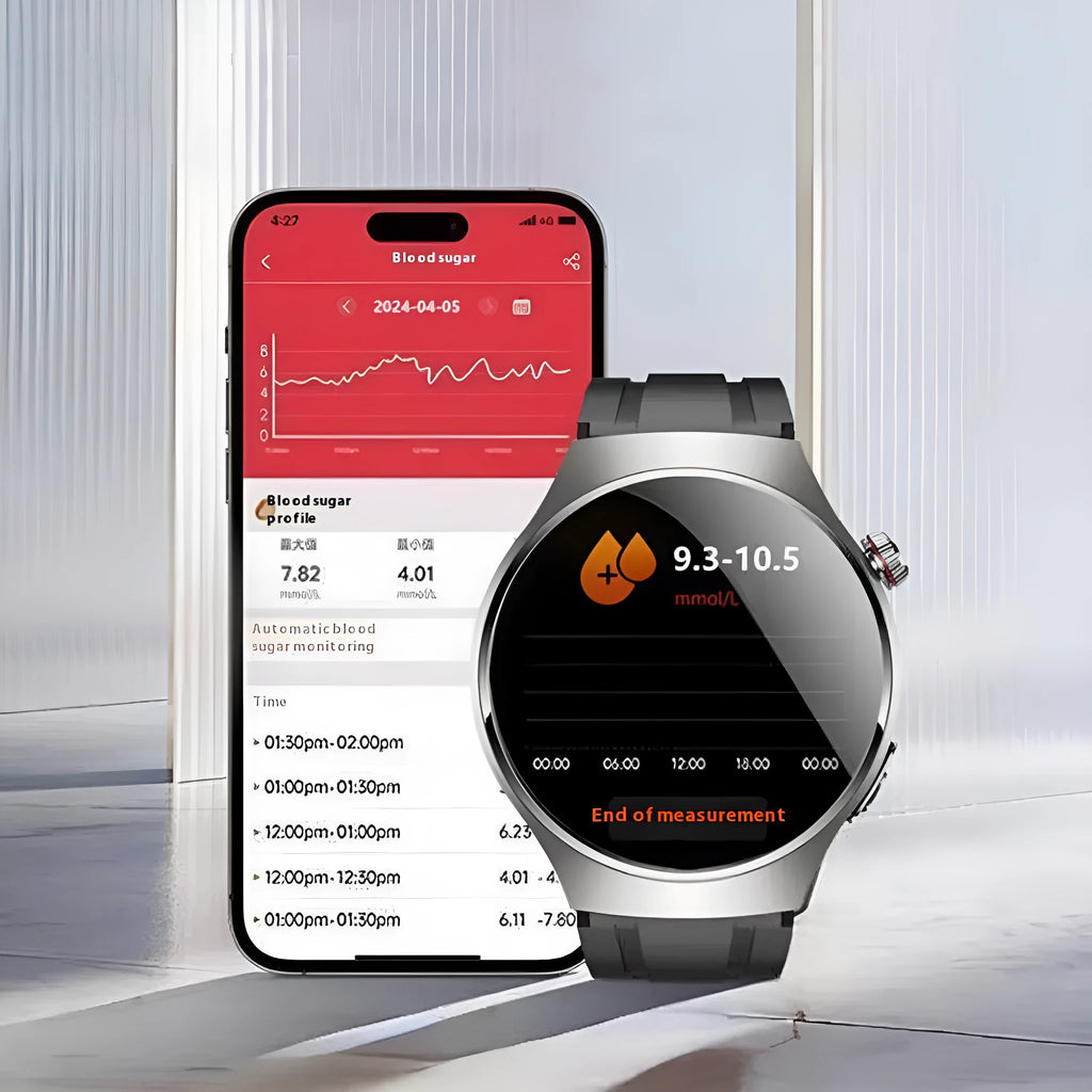 Amber brown non-invasive blood glucose smart bracelet with ECG and heart rate monitoring on TFT screen for adults