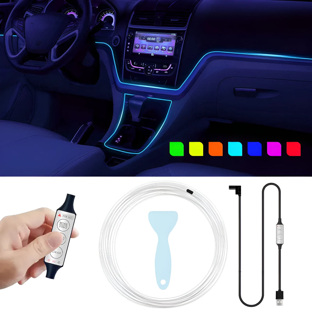 USB-powered RGB car interior LED light strip with manual controller showing multicolour illumination