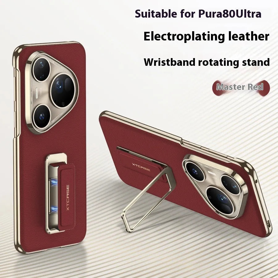 Huawei Pura80Ultra phone case with wrist strap and rotating bracket in imitation leather