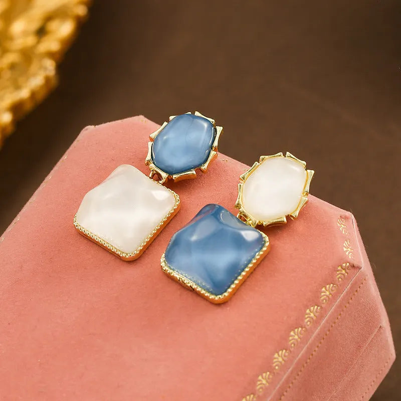 Contrast colour water ripple geometric square earrings in electroplated alloy, Korean style for women