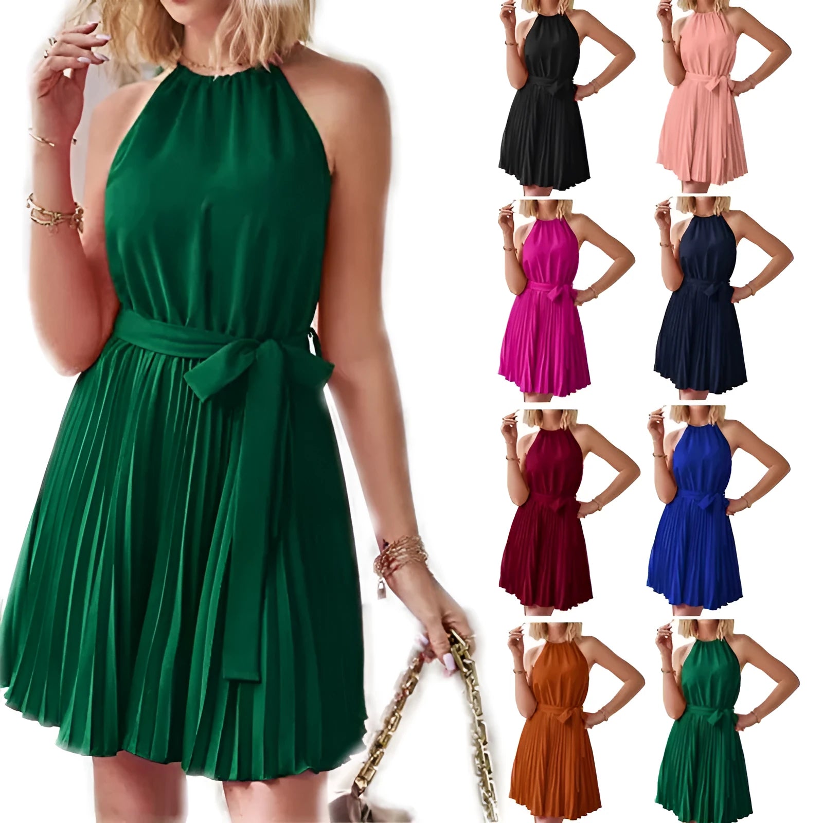 Women's black chiffon halter dress with pleated skirt and waist belt laid flat