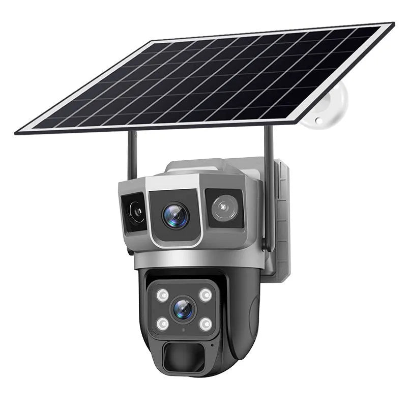 V380 outdoor security camera with solar panel, 4MP dual light full colour night vision, 349 by 210 by 233 mm