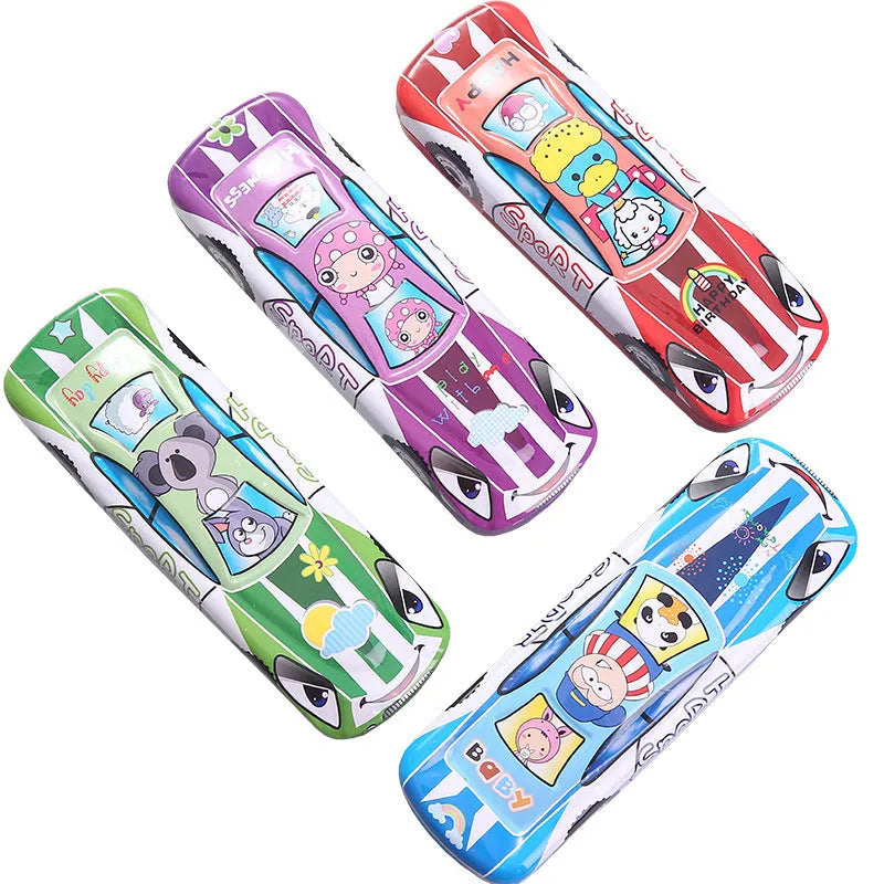 Tinplate double-layer stationery box shaped like a trolley car with a cartoon pattern