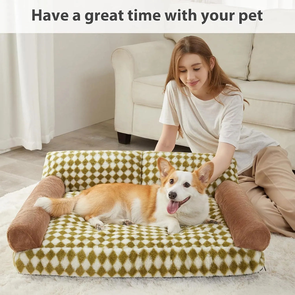 Checkered pattern pet sofa bed for cats and small dogs with a removable cover, shown in a home setting.
