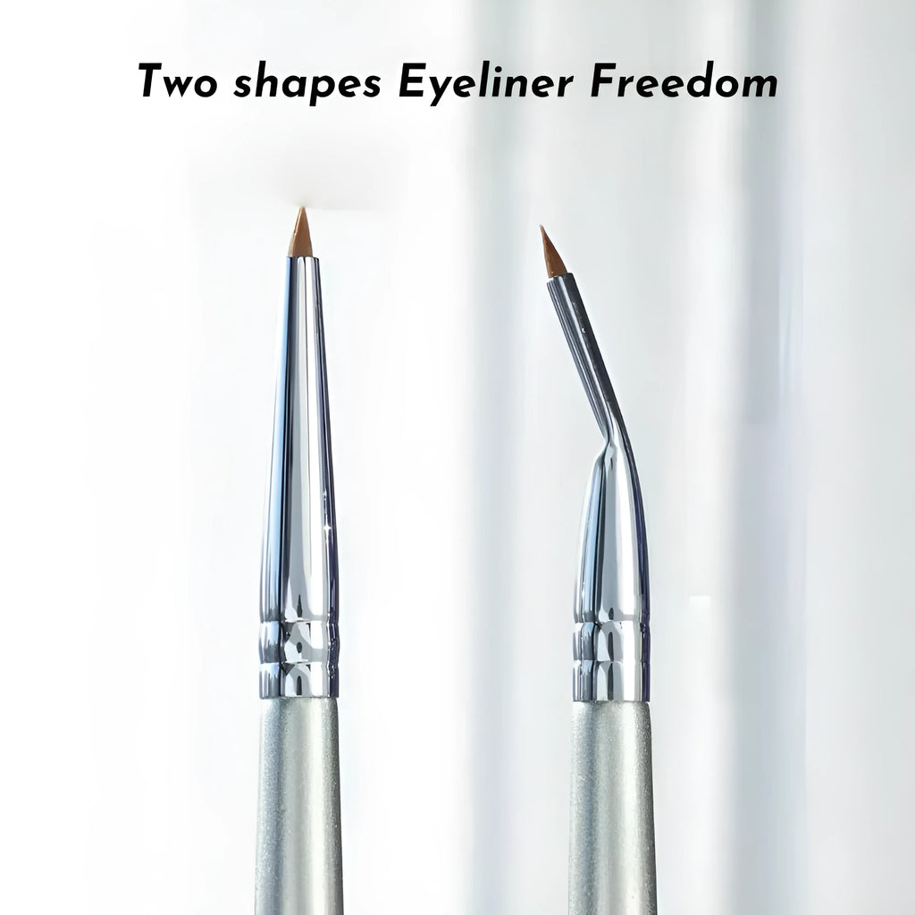 Close-up of an angled bend head eyeliner brush with a fine tip for detailed eye makeup application.