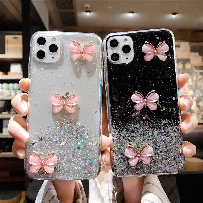 Butterfly starry sky glitter TPU phone case for iPhone, transparent back cover with drop protection