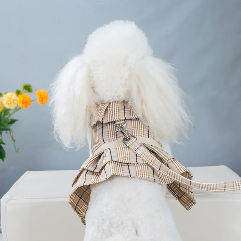 Adjustable dog vest harness with integrated hand holding rope in beige or purple skirt colours