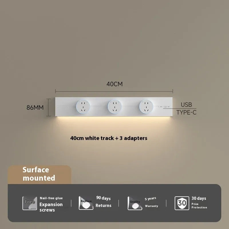 Induction lamp rail socket in black on a sideboard cabinet track with white background
