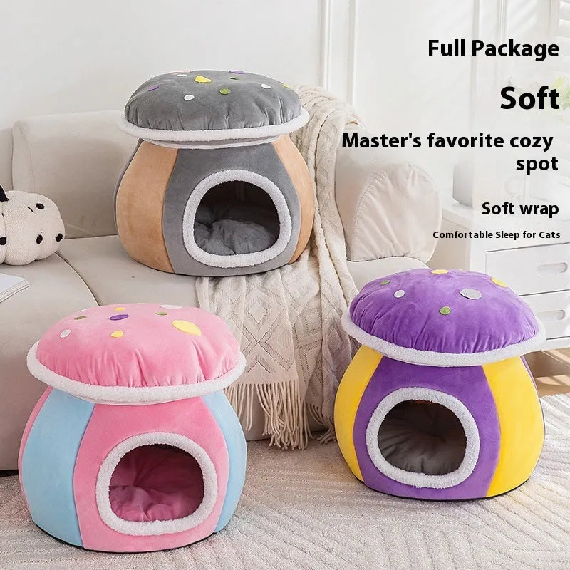 Grey mushroom-shaped plush cat bed with high walls and a detachable thermal blanket inside.
