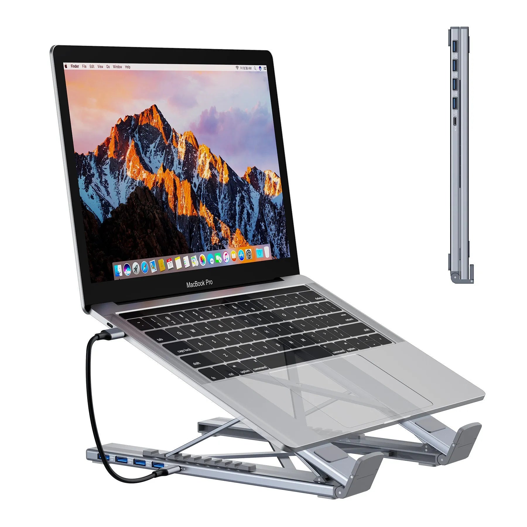 Aluminium foldable 8-in-1 docking station and laptop stand with multiple ports.