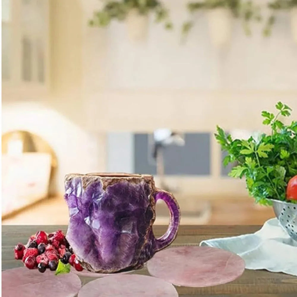 Purple resin coffee mug with handle showing crystal-like texture, 10cm tall.
