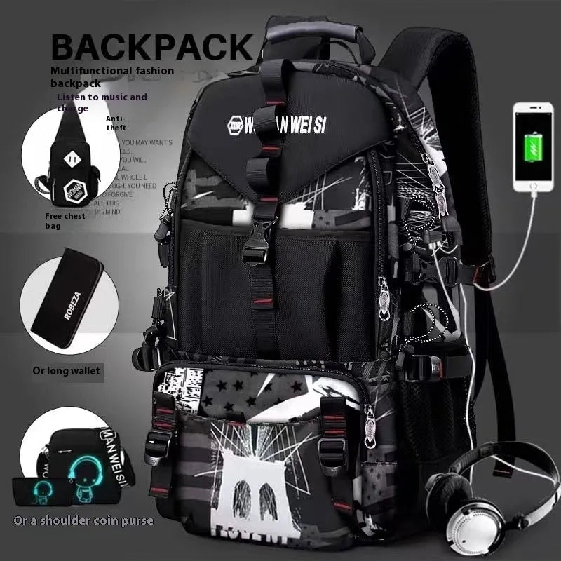 Men's black waterproof Oxford cloth hiking backpack showing front compartments and adjustable air pillow belt straps.