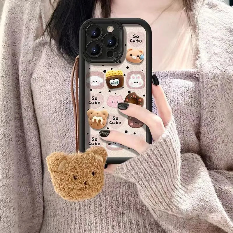Autumn winter plush doll phone case for Apple iPhone with creative square animal design in white