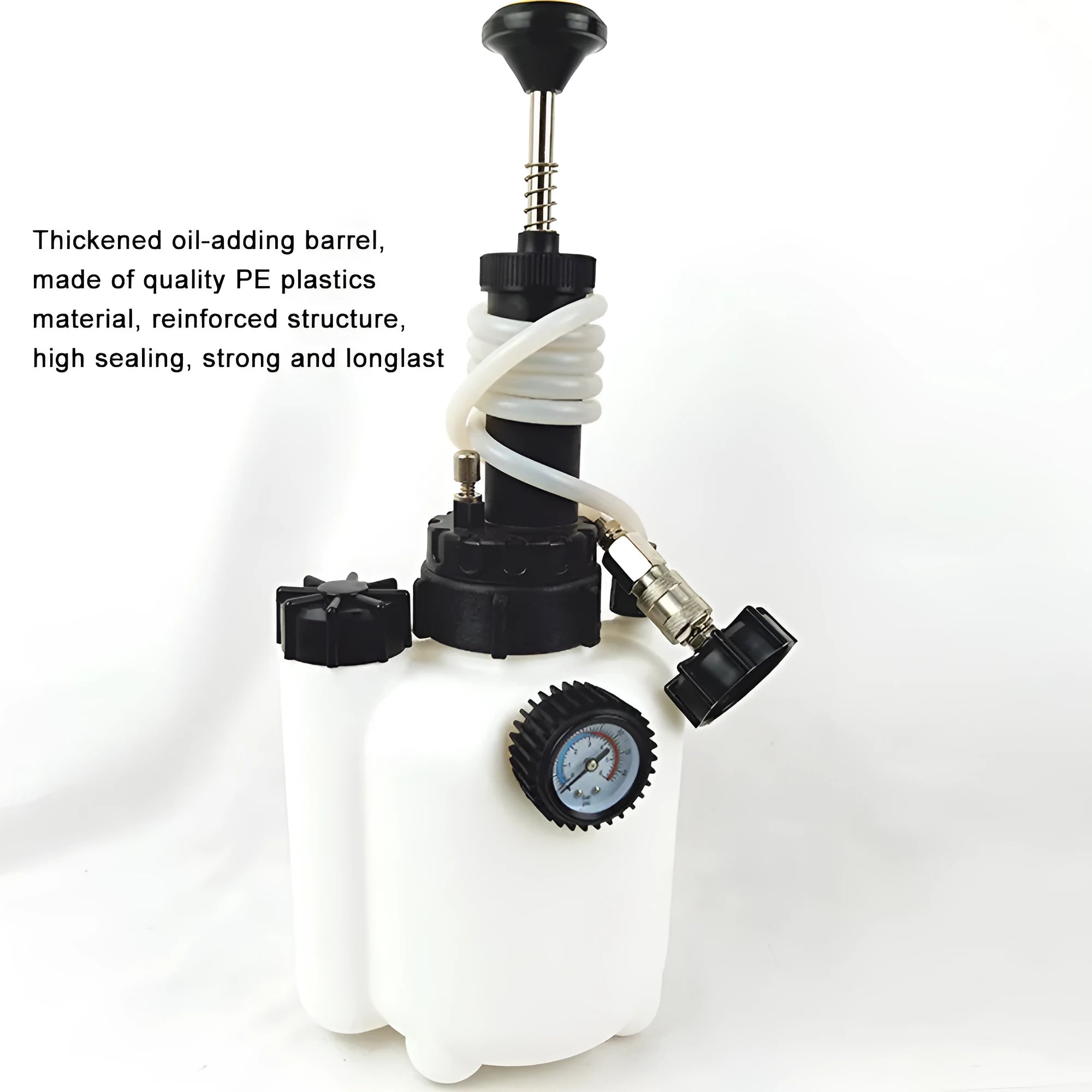 White 3-litre automotive brake oil tank replacement tool made from copper, iron, and plastic.