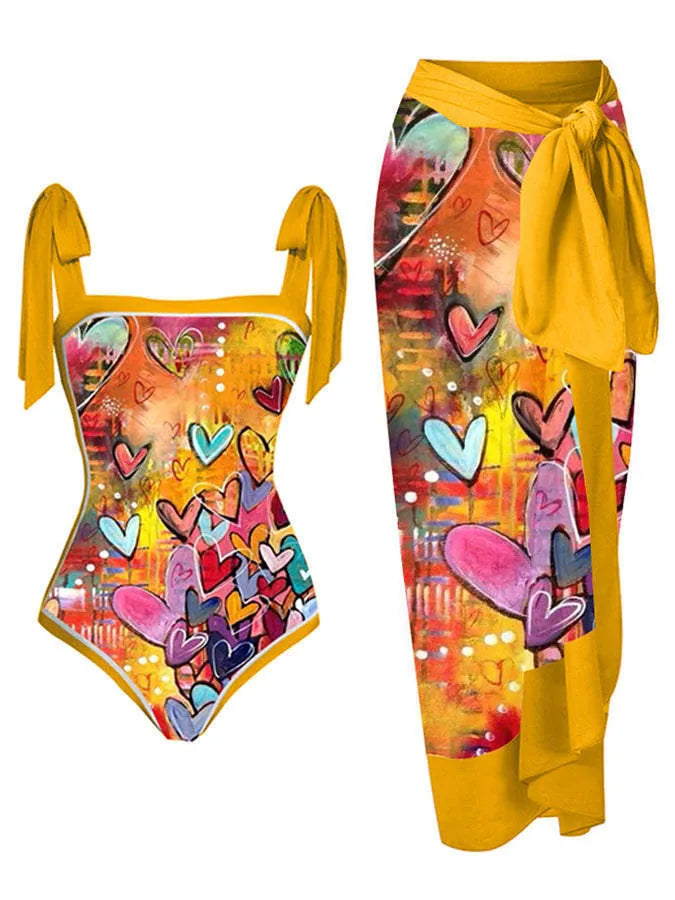 Women's printed chiffon two-piece swimsuit with attached skirt in floral pattern