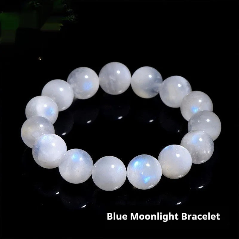 Natural blue moonlight round bead moonstone bracelet on a white background.