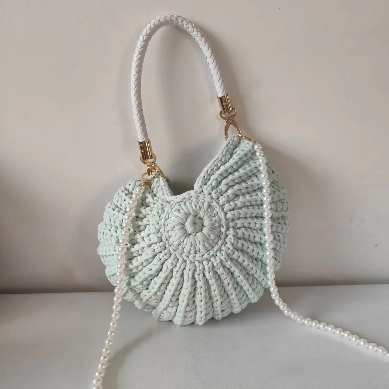Round handmade woven crossbody bag with pearl chain strap, 25x25cm, polyester, multiple colour options