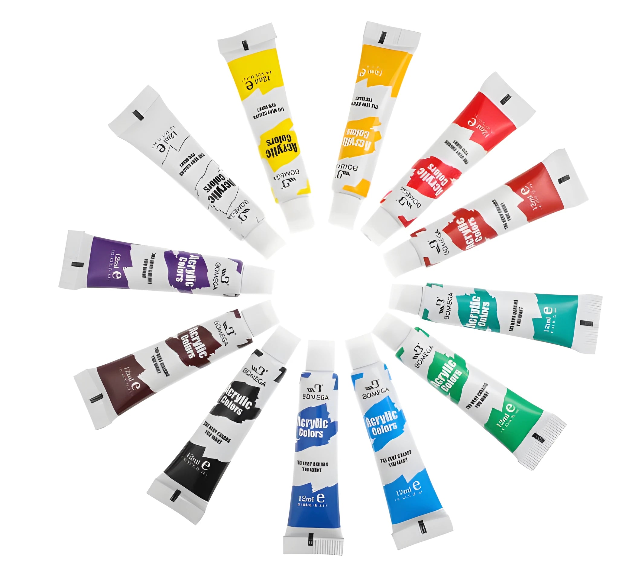 Set of 12 artist paint tubes for acrylic, gouache, watercolour, or oil painting in a box.