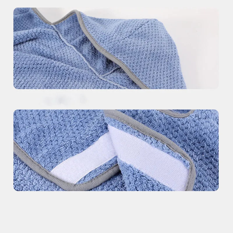 Blue microfiber dog bath robe towel with adjustable waistband wrapped around a dog.