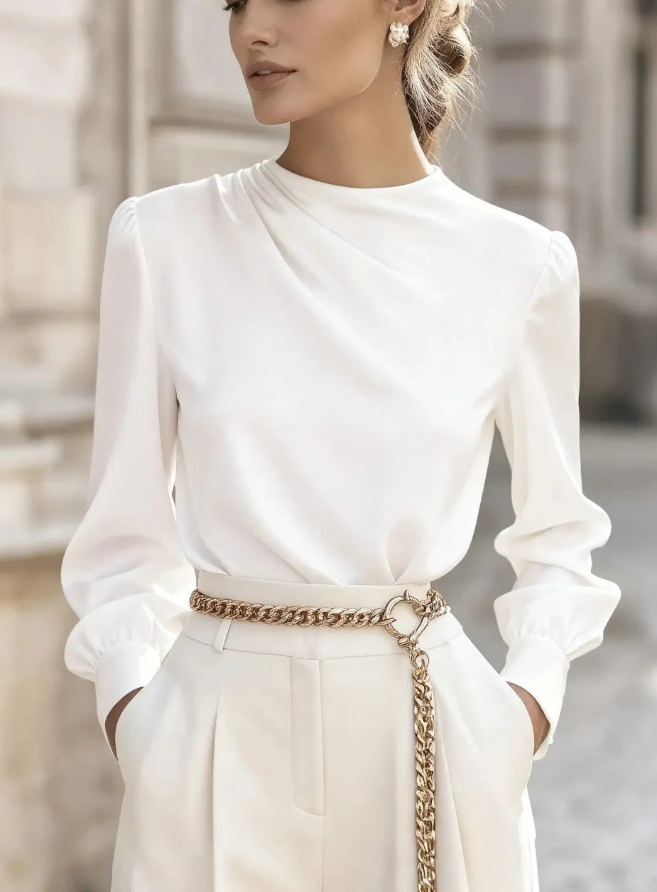 Women's solid colour pleated high-neck lantern sleeve blouse in polyester fabric, available in Black, Navy, Apricot, White