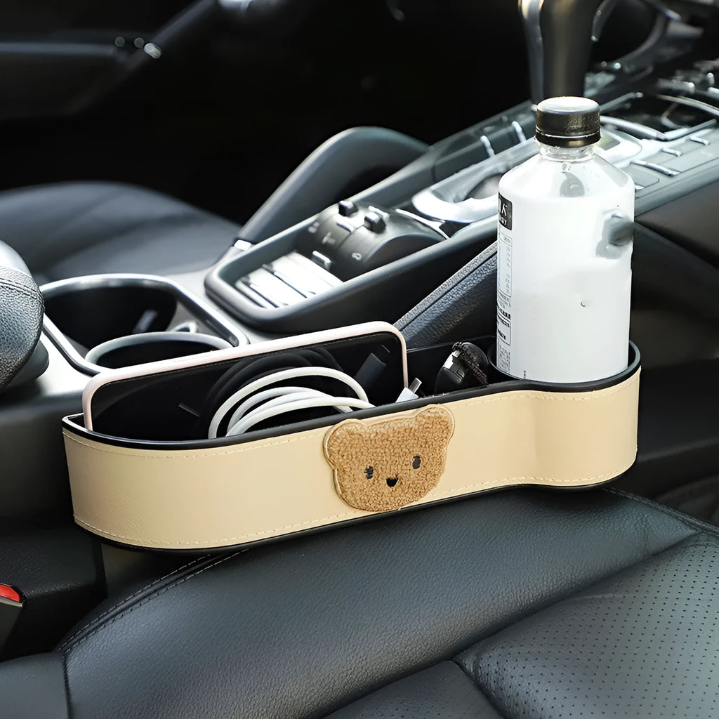 Leather car seat gap storage box with hanging design in a cartoon bear theme