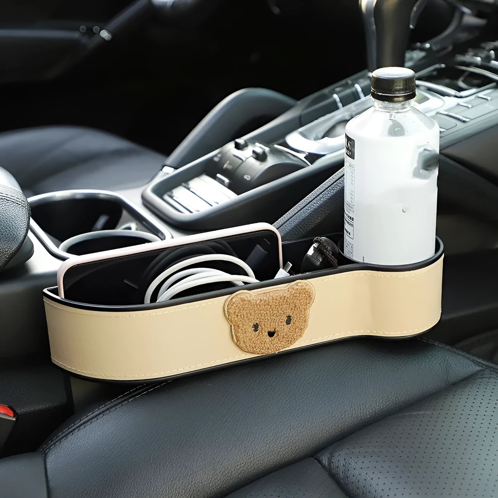 Leather car seat gap storage box with hanging design in a cartoon bear theme
