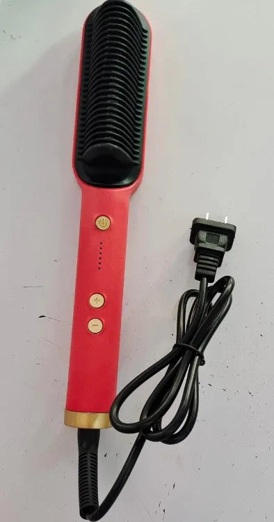 Red and black dual hair straightener and hot comb with digital display and rotating power cord.