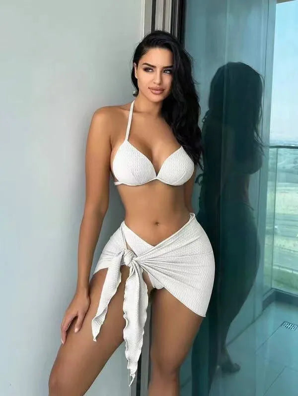 Women's three-piece swimsuit set with Russian split design in avocado green colour