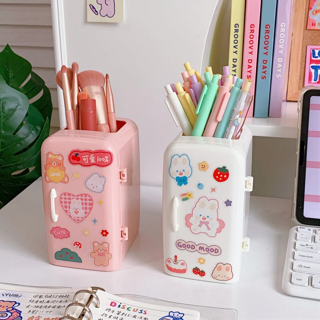 Refrigerator pencil case in PP plastic, 10.7 x 9.8 x 7.5 cm, shown in white, light blue, and pink
