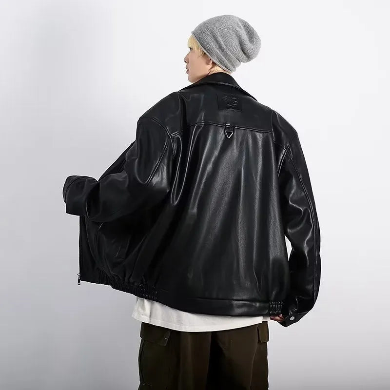 Black retro textured PU leather motorcycle jacket for men with loose fit