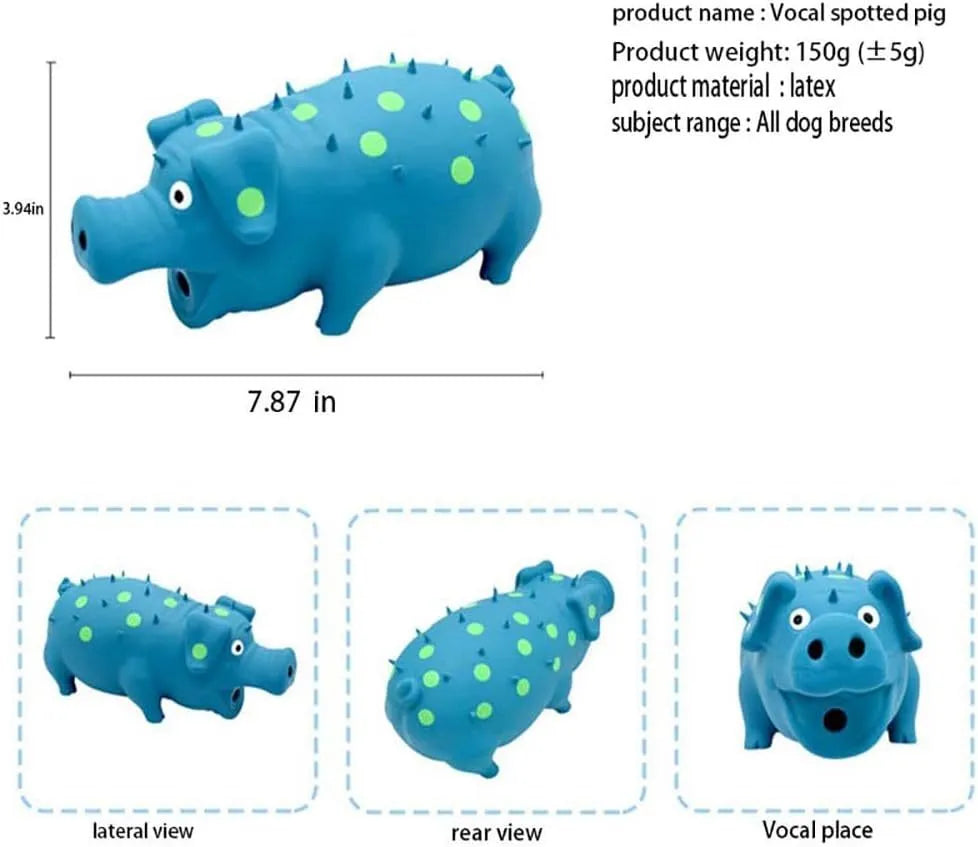 Blue latex squeaky pig dog chew toy with textured surface for teeth cleaning, shown next to tape measure showing 20cm length