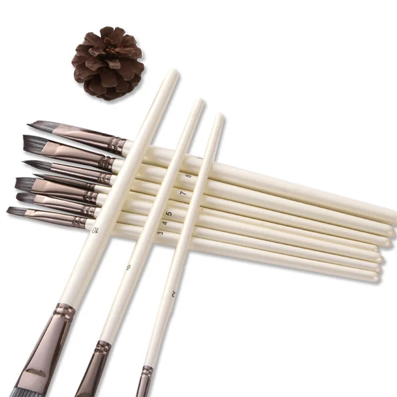 Set of ten pearl white and black nylon watercolour brushes with wooden handles.