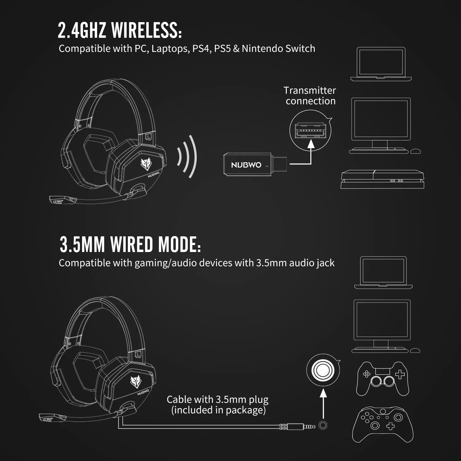 Black orange wireless gaming headset with head-mounted design and dual USB/Bluetooth connectivity