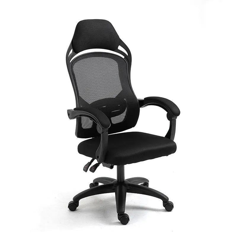 Black ergonomic computer gaming chair with linkage armrests and nylon wheels