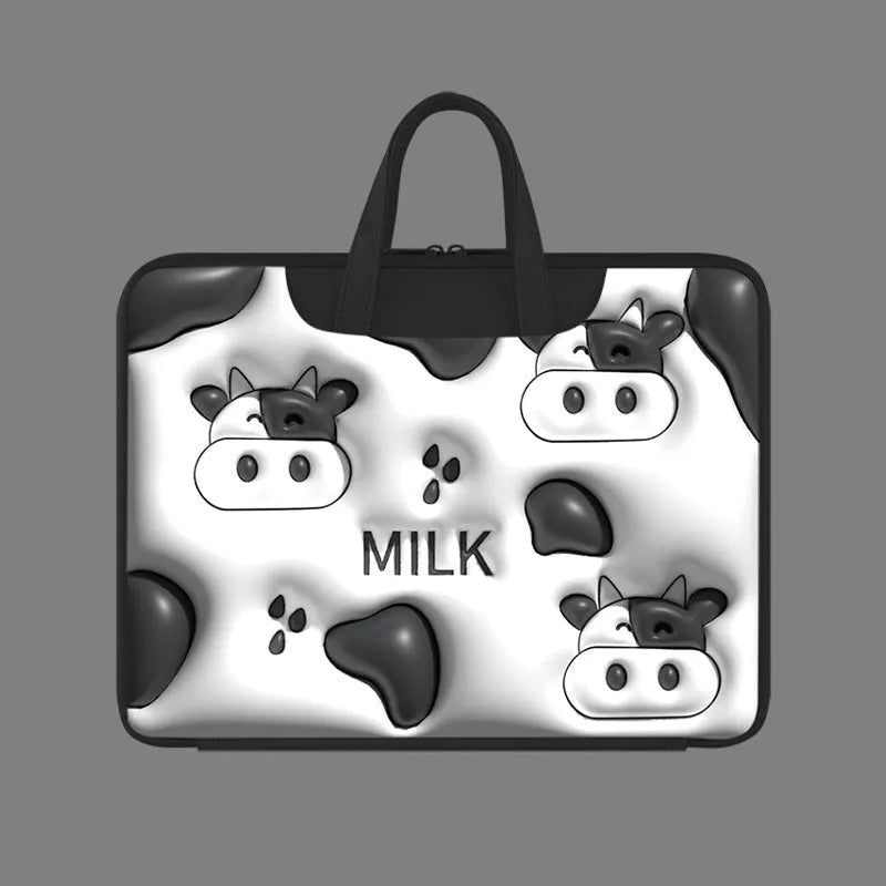 Inflatable laptop bag in PU leather with hanging strap, showing cute panda design for 13-15.6 inch laptops