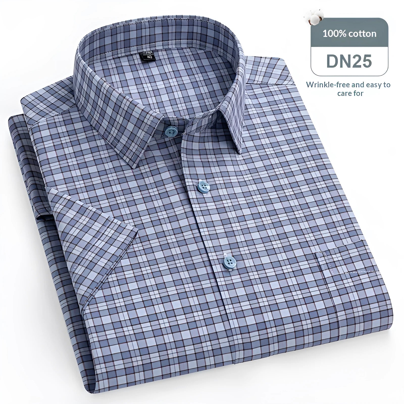 Men's pure cotton short-sleeved Oxford check shirt in plaid pattern, button-down front, general fit, available in multiple colours