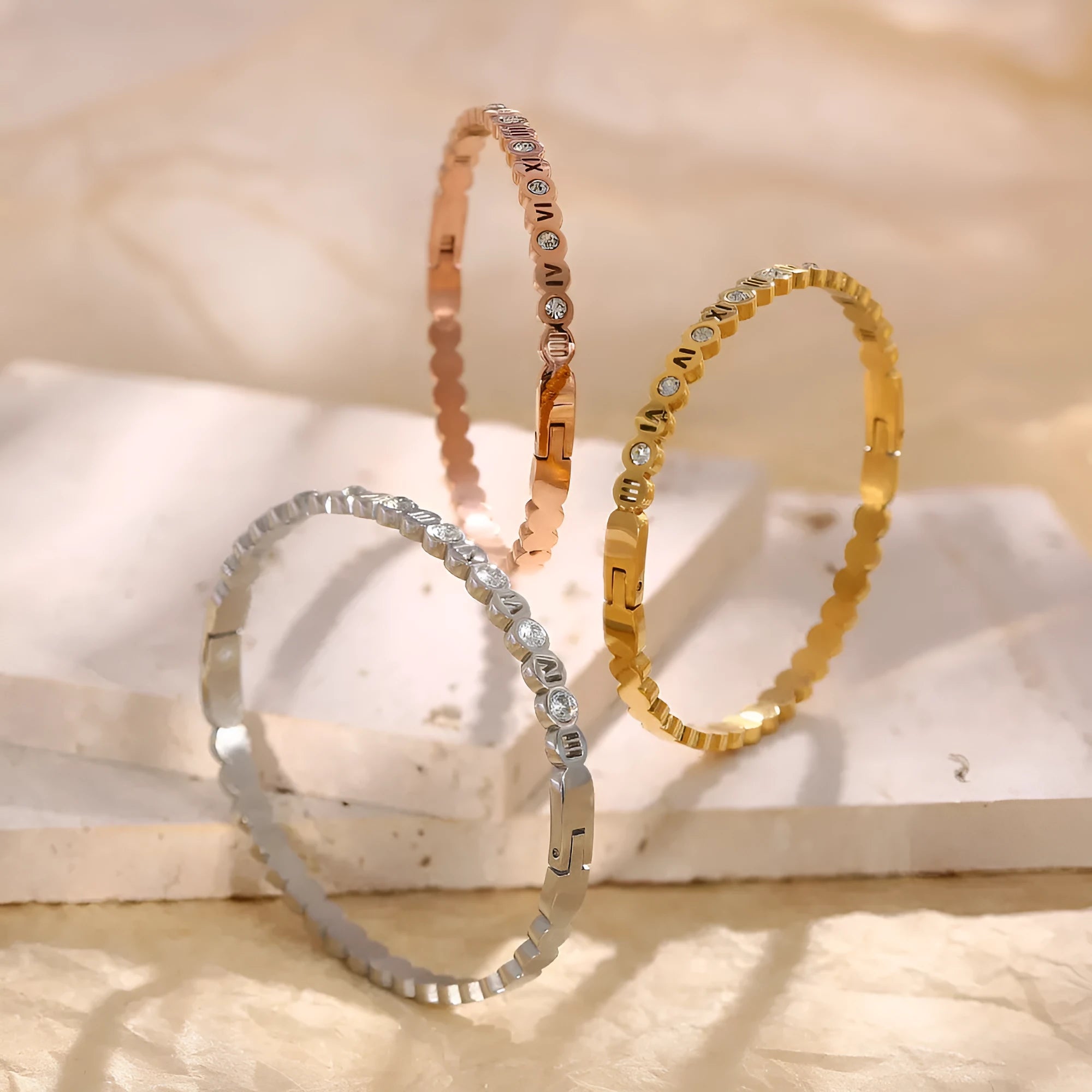 Korean style titanium steel bracelet with numeric elements in gold, rose gold and steel colour options