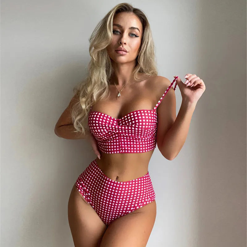Women's rose red high waist bikini with plaid split design on the briefs.