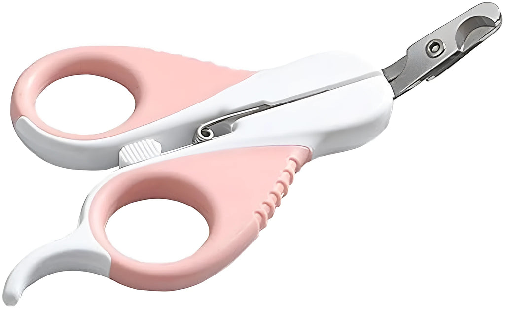 Grey and pink angled cat nail clippers with safety guard and rubber-coated handles.