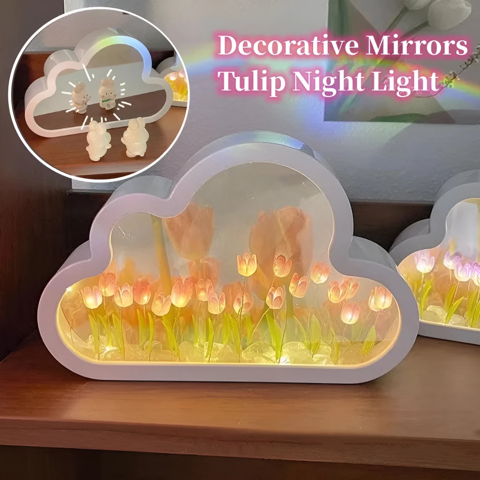 DIY cloud tulip night lamp kit with LED light, mirror, and photo frame on a desk