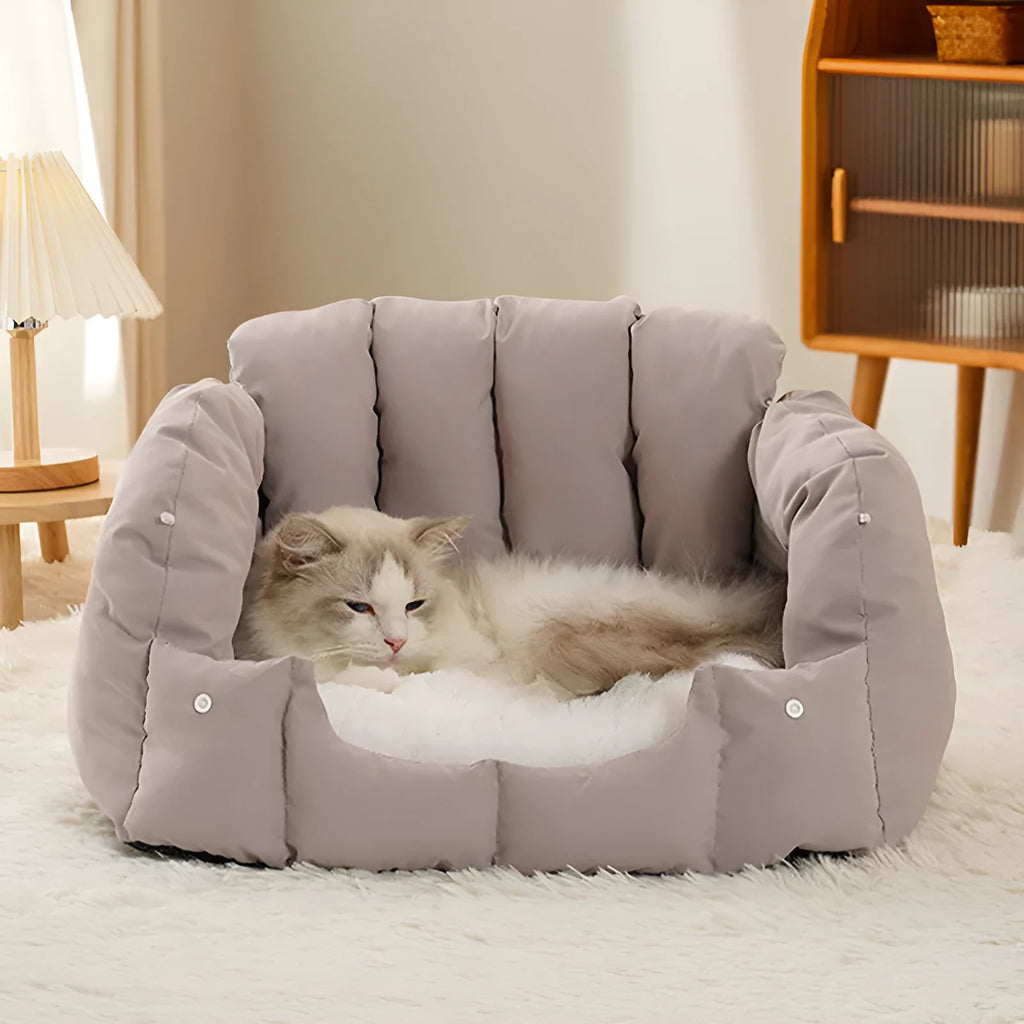 Grey and green dual-purpose arched pet nest shown as an enclosed bed and open sofa for cats and dogs