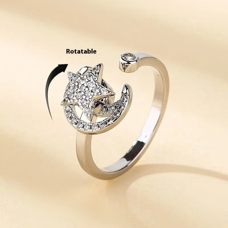 Gold adjustable anti-anxiety ring with rotating moon and micro-inlaid zircon star geometric design
