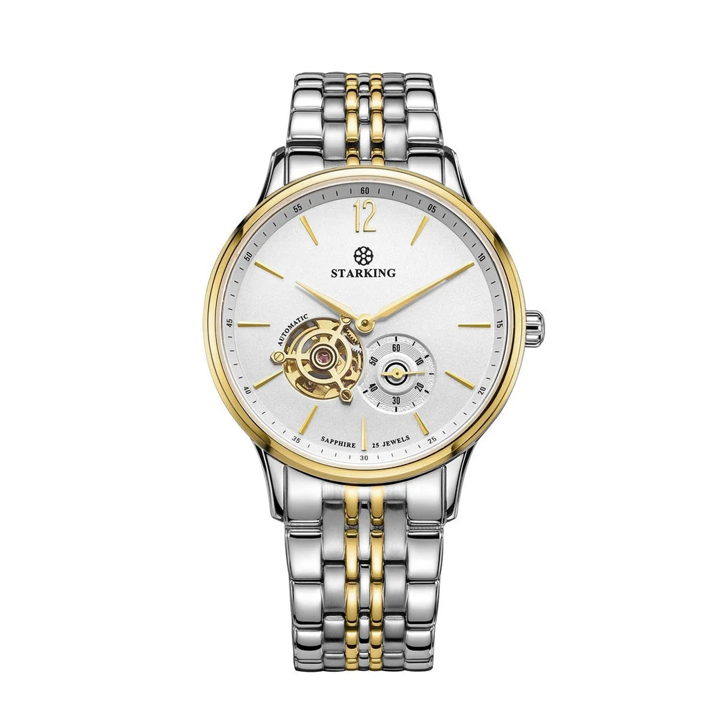 Men's automatic mechanical watch with brown leather strap, white dial, and stainless steel case.