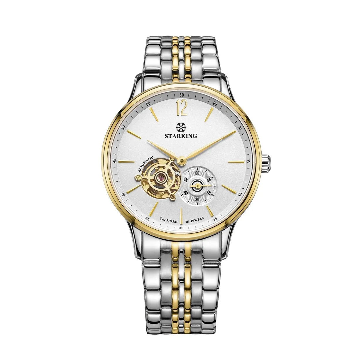 Men's automatic mechanical watch with brown leather strap, white dial, and stainless steel case.