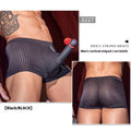 Men's black vertical stripe nylon boxer briefs laid flat, showing elasticated waistband and leg openings.