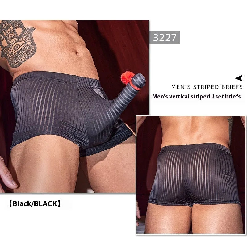 Men's black vertical stripe nylon boxer briefs laid flat, showing elasticated waistband and leg openings.