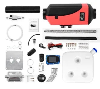 Red and black diesel air heater unit with fuel tank, pipes, and installation kit for trucks and motorhomes.