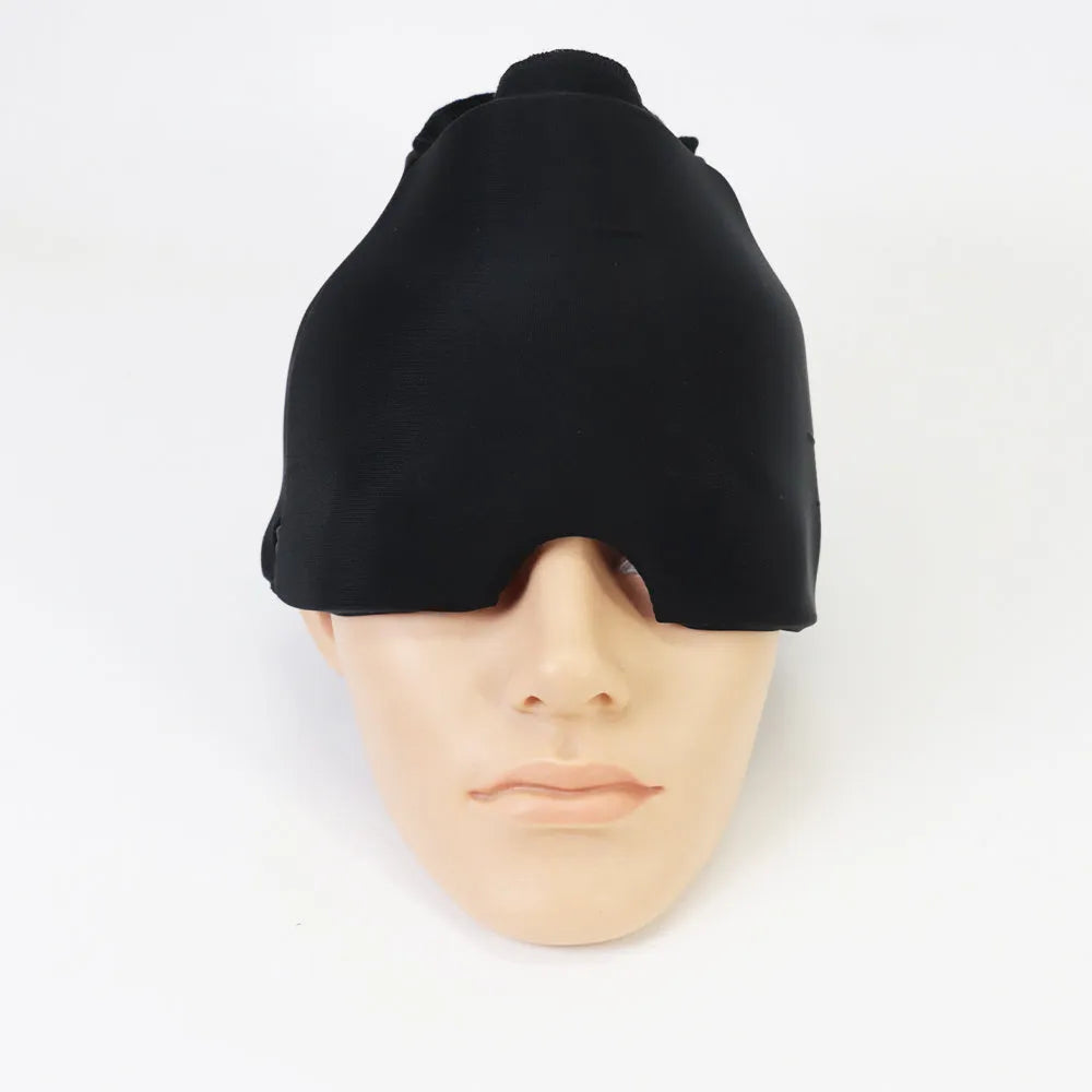 Cold compress hood migraine relief hat, soft gel ice pack eye mask for puffy eyes, black, 360 degree design
