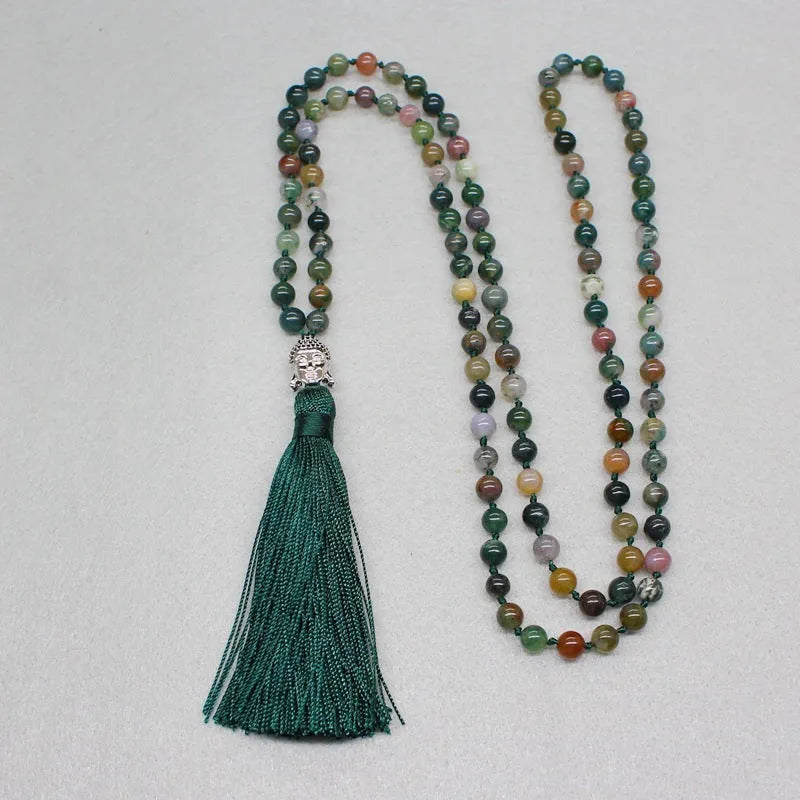 Indian agate 108-bead blessing necklace with 6mm geometric stones on a cord.
